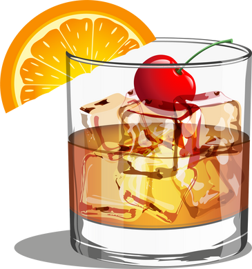 Old fashioned alcoholic drink in a glass goblet with ice cherry and orange on an isolated background